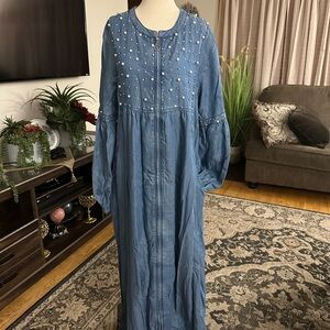 Blue Denim Maxi Dress with Pearl Accents